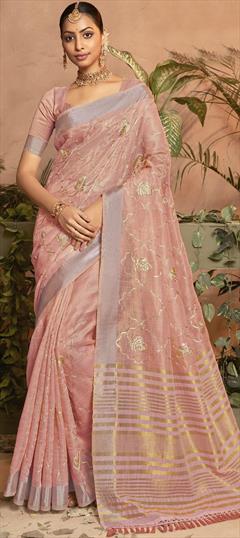 Party Wear, Traditional Pink and Majenta color Saree in Kota Doria Silk fabric with Bengali, South Gota Patti work : 1913615