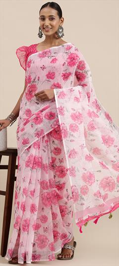 Party Wear, Traditional Pink and Majenta color Saree in Linen fabric with Bengali Printed, Zari work : 1913616