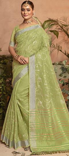 Party Wear, Traditional Green color Saree in Kota Doria Silk fabric with Bengali, South Gota Patti work : 1913622