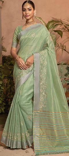 Party Wear, Traditional Green color Saree in Kota Doria Silk fabric with Bengali, South Gota Patti work : 1913623
