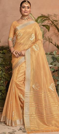 Party Wear, Traditional Orange color Saree in Kota Doria Silk fabric with Bengali, South Gota Patti work : 1913624