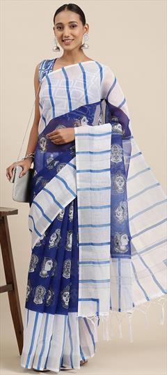 Party Wear, Traditional Blue, White and Off White color Saree in Linen fabric with Bengali Printed, Zari work : 1913630
