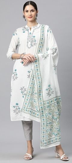 Festive, Summer White and Off White color Salwar Kameez in Cotton fabric with Straight Floral, Printed, Resham, Thread work : 1913682