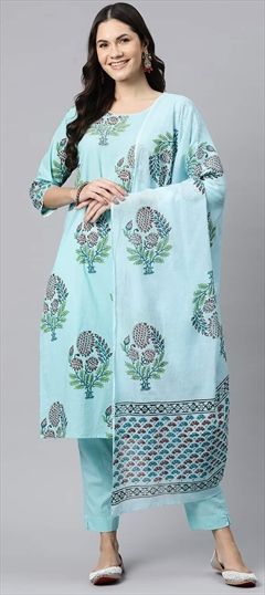 Festive, Summer Blue color Salwar Kameez in Cotton fabric with Straight Printed work : 1913685