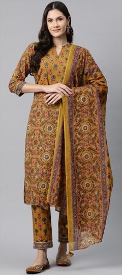 Festive, Summer Yellow color Salwar Kameez in Cotton fabric with Angrakha Floral, Gota Patti, Printed work : 1913692
