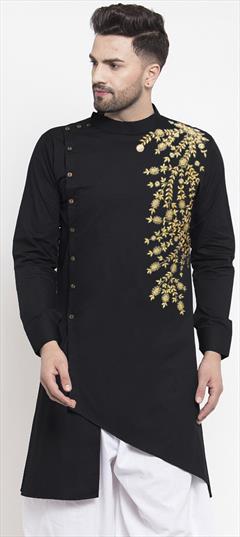 Party Wear Black and Grey color Kurta in Blended Cotton fabric with Embroidered work : 1913779