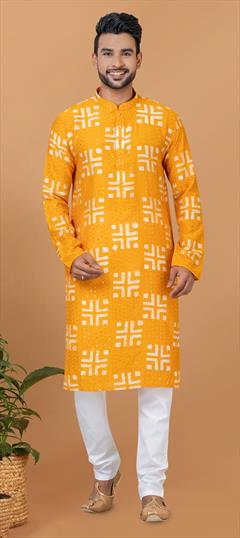 Party Wear Yellow color Kurta Pyjamas in Chanderi Silk fabric with Embroidered, Printed work : 1913789