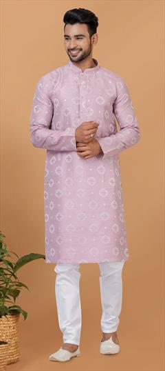 Party Wear Purple and Violet color Kurta Pyjamas in Silk fabric with Embroidered work : 1913791