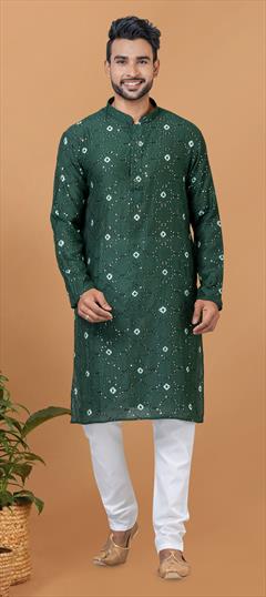Party Wear Green color Kurta Pyjamas in Chanderi Silk fabric with Embroidered, Printed work : 1913792