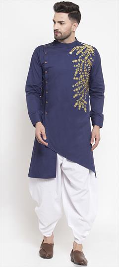 Party Wear Blue color Dhoti Kurta in Blended Cotton fabric with Embroidered work : 1913804