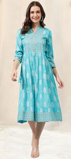 Casual, Summer Blue, White and Off White color Kurti in Rayon fabric with Anarkali, Long Sleeve Embroidered, Patch, Printed work : 1913843