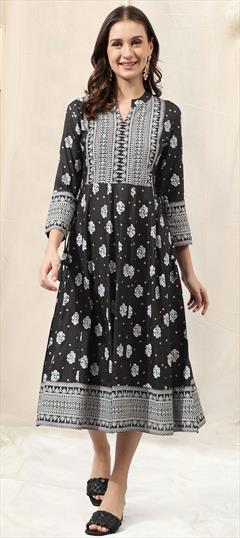 Casual, Summer Black and Grey, White and Off White color Kurti in Rayon fabric with Anarkali, Long Sleeve Embroidered, Patch, Printed work : 1913844