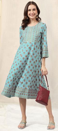 Casual, Summer Blue, Red and Maroon color Kurti in Rayon fabric with Anarkali, Long Sleeve Embroidered, Patch, Printed work : 1913846