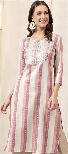 Casual, Summer Pink and Majenta color Kurti in Blended Cotton fabric with Straight Embroidered, Sequence, Weaving, Zari work : 1913848