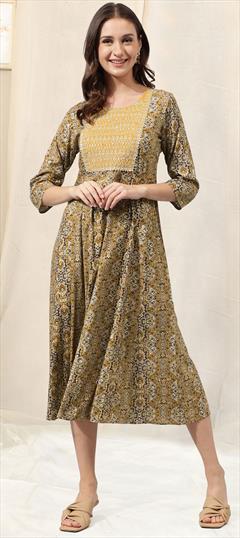 Casual, Summer Yellow color Kurti in Rayon fabric with Anarkali, Long Sleeve Embroidered, Gota Patti, Zari work : 1913863