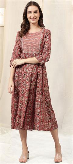 Casual, Summer Red and Maroon color Kurti in Rayon fabric with Anarkali, Long Sleeve Embroidered, Gota Patti, Zari work : 1913868