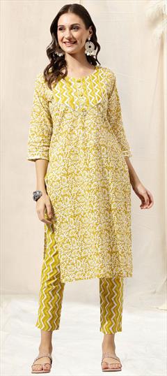 Casual, Summer White and Off White, Yellow color Salwar Kameez in Cotton fabric with Straight Gota Patti, Printed work : 1913869