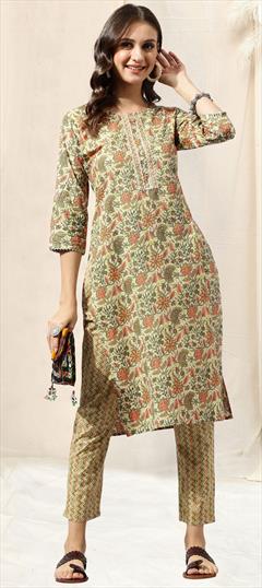 Casual, Summer Green, White and Off White color Salwar Kameez in Cotton fabric with Straight Gota Patti, Printed work : 1913871