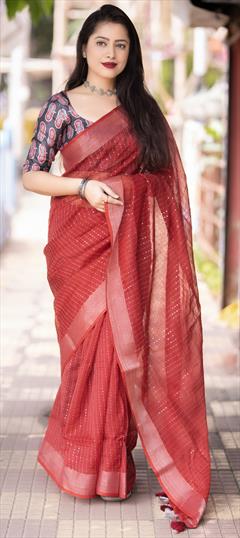 Traditional Red and Maroon color Saree in Linen fabric with Bengali Sequence, Weaving work : 1913878