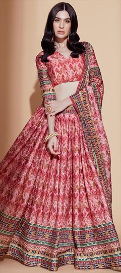 Festive, Mehendi Sangeet, Reception Pink and Majenta color Lehenga in Art Silk fabric with Flared Digital Print, Embroidered work : 1913879