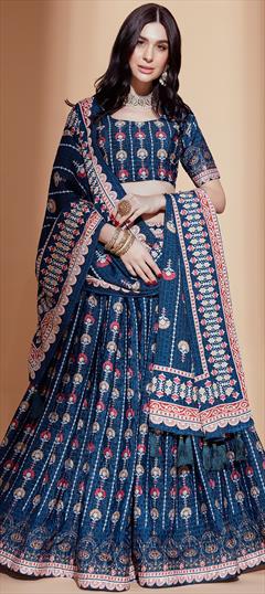 Festive, Mehendi Sangeet, Reception Blue color Lehenga in Art Silk fabric with Flared Digital Print, Embroidered work : 1913882
