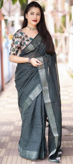 Traditional Black and Grey color Saree in Linen fabric with Bengali Sequence, Weaving work : 1913883