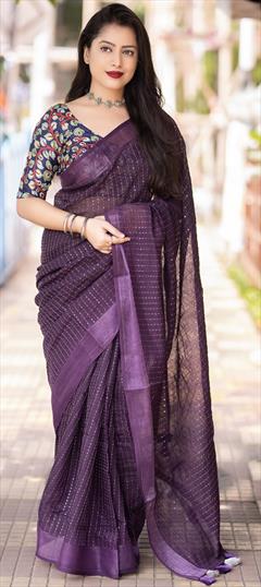 Traditional Purple and Violet color Saree in Linen fabric with Bengali Sequence, Weaving work : 1913884