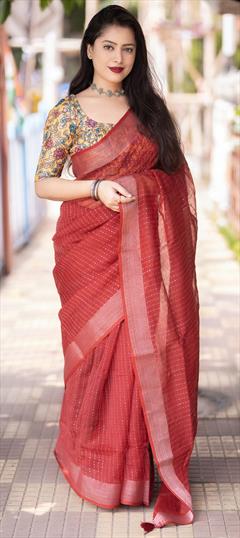Traditional Red and Maroon color Saree in Linen fabric with Bengali Sequence, Weaving work : 1913885