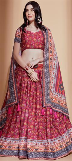 Festive, Mehendi Sangeet, Reception Pink and Majenta color Lehenga in Art Silk fabric with Flared Digital Print, Embroidered work : 1913886