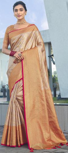 Traditional, Wedding Orange color Saree in Silk fabric with South Weaving work : 1913952