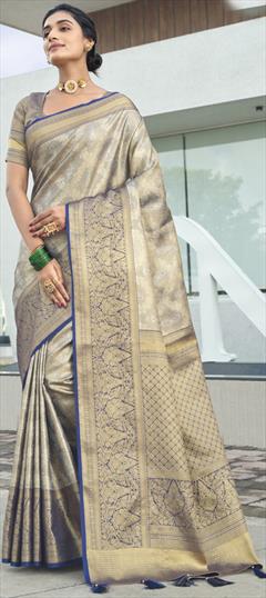 Traditional, Wedding Black and Grey color Saree in Silk fabric with South Weaving work : 1913960