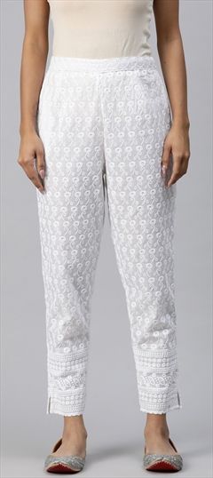 Casual, Summer White and Off White color Jeggings in Cotton fabric with Embroidered, Resham, Thread work : 1914065