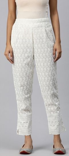 Casual, Summer White and Off White color Jeggings in Cotton fabric with Embroidered, Resham, Thread work : 1914066