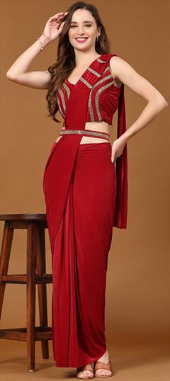 Festive, Party Wear, Wedding Red and Maroon color Readymade Saree in Lycra fabric with Classic Lace work : 1914335