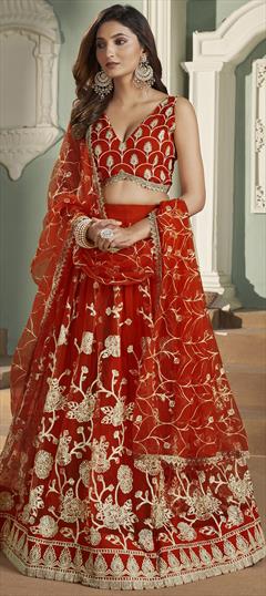 Engagement, Reception, Wedding Red and Maroon color Lehenga in Net fabric with Flared Embroidered, Sequence, Thread work : 1914357