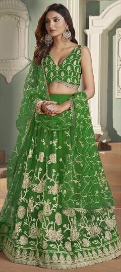 Engagement, Reception, Wedding Green color Lehenga in Net fabric with Flared Embroidered, Sequence, Thread work : 1914359