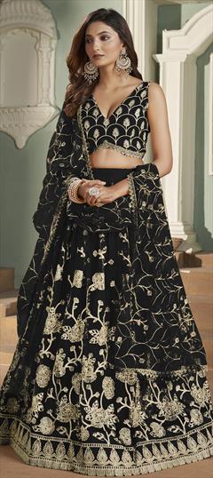 Engagement, Reception, Wedding Black and Grey color Lehenga in Net fabric with Flared Embroidered, Sequence, Thread work : 1914360
