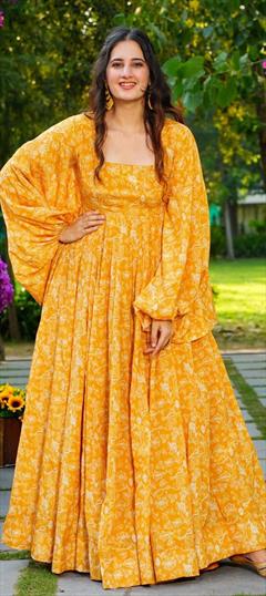 Engagement, Festive, Reception Yellow color Gown in Georgette fabric with Digital Print work : 1914386