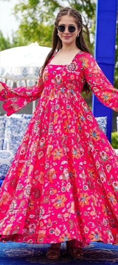 Engagement, Festive, Reception Pink and Majenta color Gown in Georgette fabric with Digital Print work : 1914390