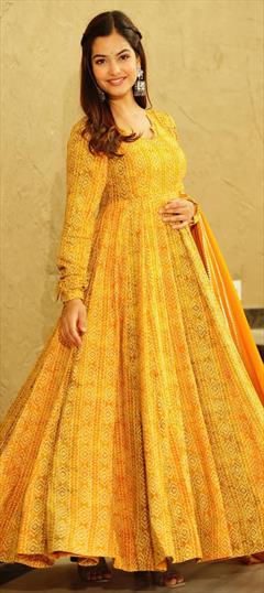 Engagement, Festive, Reception Yellow color Gown in Georgette fabric with Bandhej, Digital Print work : 1914391