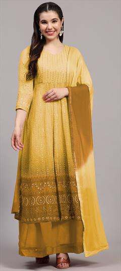 Festive, Party Wear, Reception Yellow color Salwar Kameez in Faux Georgette fabric with Sharara, Slits Embroidered, Sequence, Thread work : 1914398