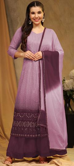 Festive, Party Wear, Reception Purple and Violet color Salwar Kameez in Faux Georgette fabric with Sharara, Slits Embroidered, Sequence, Thread work : 1914400