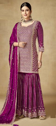 Festive, Reception, Wedding Pink and Majenta color Salwar Kameez in Art Silk fabric with Sharara, Straight Embroidered, Sequence, Thread, Zari work : 1914407