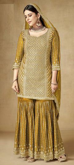 Festive, Reception, Wedding Gold color Salwar Kameez in Art Silk fabric with Sharara, Straight Embroidered, Sequence, Thread, Zari work : 1914408