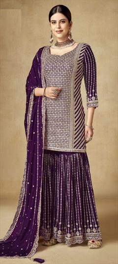Festive, Reception, Wedding Purple and Violet color Salwar Kameez in Art Silk fabric with Sharara, Straight Embroidered, Sequence, Thread, Zari work : 1914424