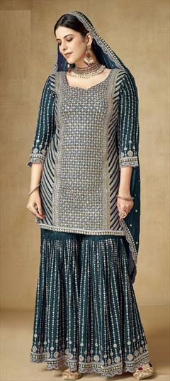 Festive, Reception, Wedding Blue color Salwar Kameez in Art Silk fabric with Sharara, Straight Embroidered, Sequence, Thread, Zari work : 1914425