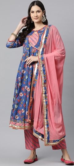 Festive, Summer Blue color Salwar Kameez in Cotton fabric with Anarkali Floral, Gota Patti, Printed, Thread, Zari work : 1914427