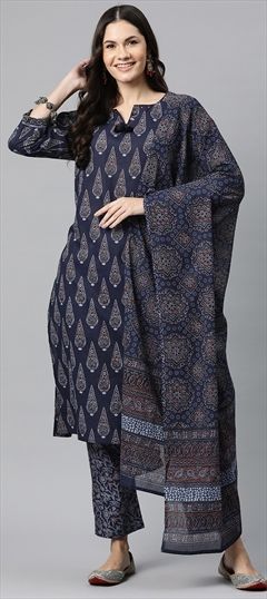 Festive, Summer Blue color Salwar Kameez in Cotton fabric with Straight Printed, Sequence work : 1914428