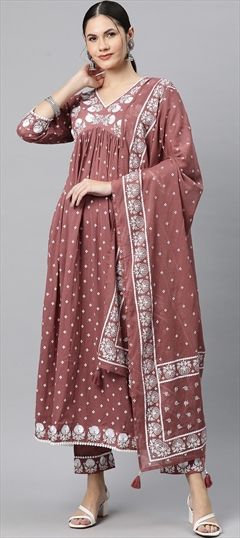 Festive, Summer Beige and Brown color Salwar Kameez in Cotton fabric with Anarkali Embroidered, Printed, Resham, Thread, Zari work : 1914429