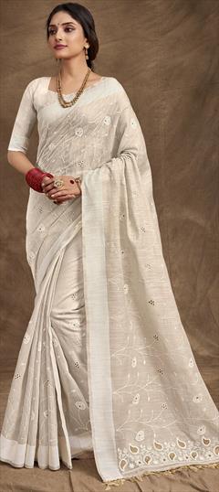 Party Wear, Traditional White and Off White color Saree in Cotton fabric with Bengali Embroidered, Resham, Thread work : 1914430